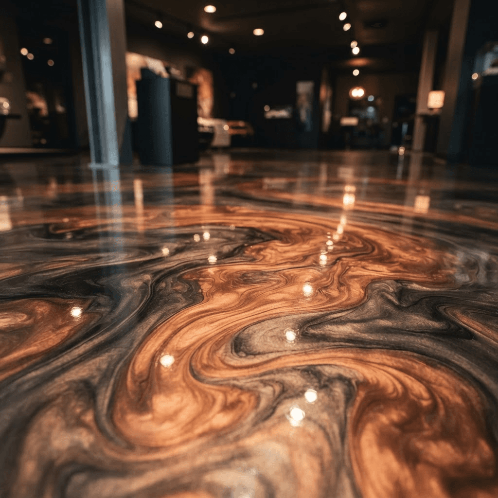 Metallic epoxy floor with swirling copper, bronze and charcoal pigments under a high-gloss coat